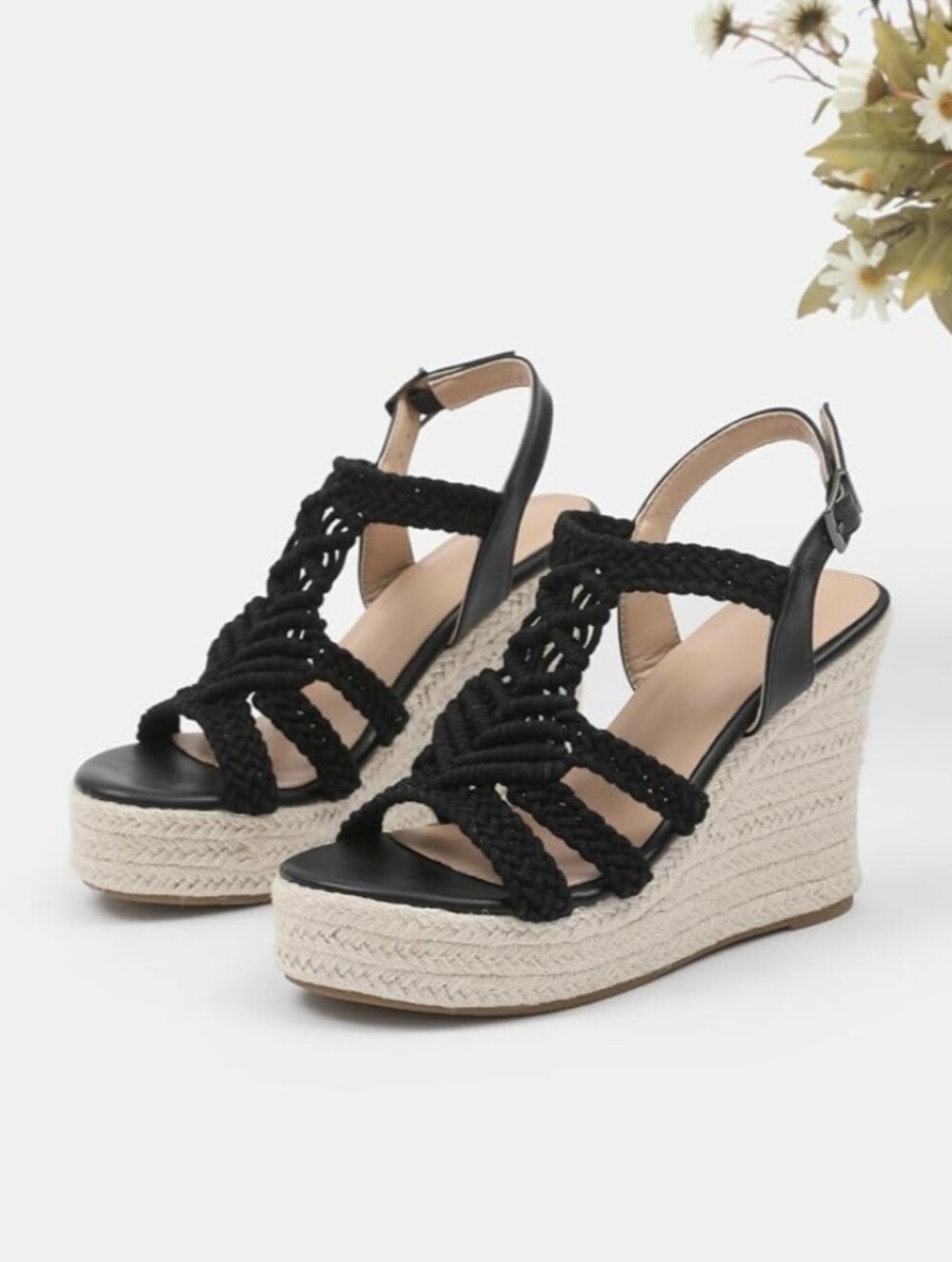 Braided Wedge Espadrilles Sandals Platform Heels Black Tan Raffia Size 6